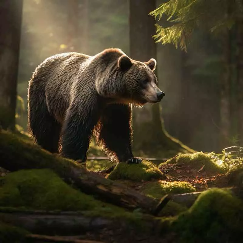 AI generated image of a grizzley bear walking through the woods