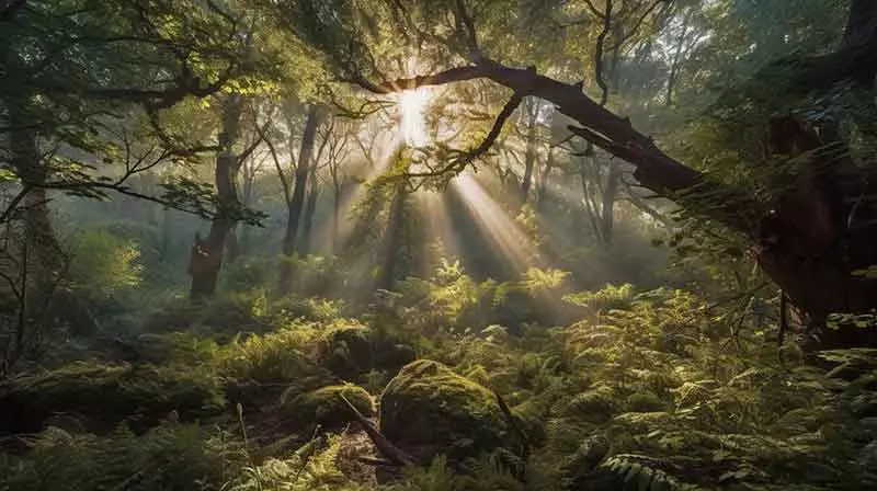 ai generated image of a woodland area backlit by sunlight