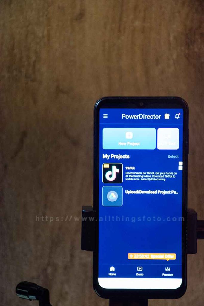 image of a smartphone showing the free video editing app called Power Director