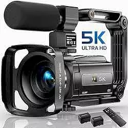 photo of one of the best camcorders for filming hunts the 5K Video Camera Camcorder, 48MP UHD Wifi IR Night Vision Vlogging Camera for YouTube, 16X Digital Zoom Touch Screen Vlog Camera with External Microphone, Lens Hood, Stabilizer, Remote, 2 Batteries