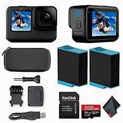 image of one of the best low light video cameras the GoPro HERO 10 Black Waterproof Action Camera with Front LCD and Touch Rear Screens, New GP2 Engine, 5K HD Video, 23MP Photos, Live Streaming, 64GB Extreme Pro Card and Extra Battery