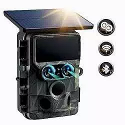 4K 30FPS WiFi Trail Camera Integrated Solar Powered, Starlight Night Vision Dual Lens 60MP Bluetooth Game Camera with 0.1S Trigger IMX458 Sensors Hunting Cam with 120° Wide-Angle IP66 Waterproof