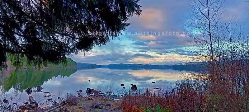 landscape photo of sunrise over Lower Campbell Lake on Vancouver Island Canada