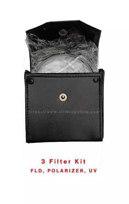 photo of a leather case holding camera filters wrapped in plastic sleeves