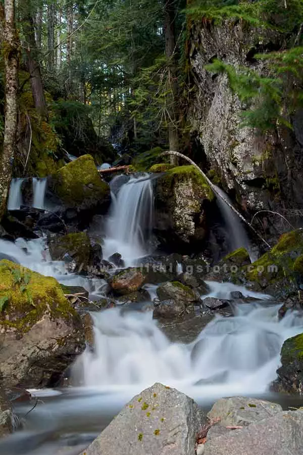 photo of a small waterfall on hwy 28 between Campbell River and Gold River using a neutral density filter to create a dreamy look to the water flow. Also used post processing in photoshop to enhance background colors.