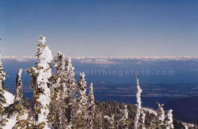 landscape photo of Coast Mountains and Comox Valley from atop of Mount Washington ski hill