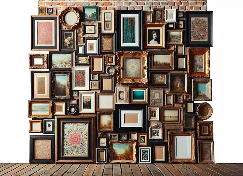 An assortment of picture frames displayed on a wall